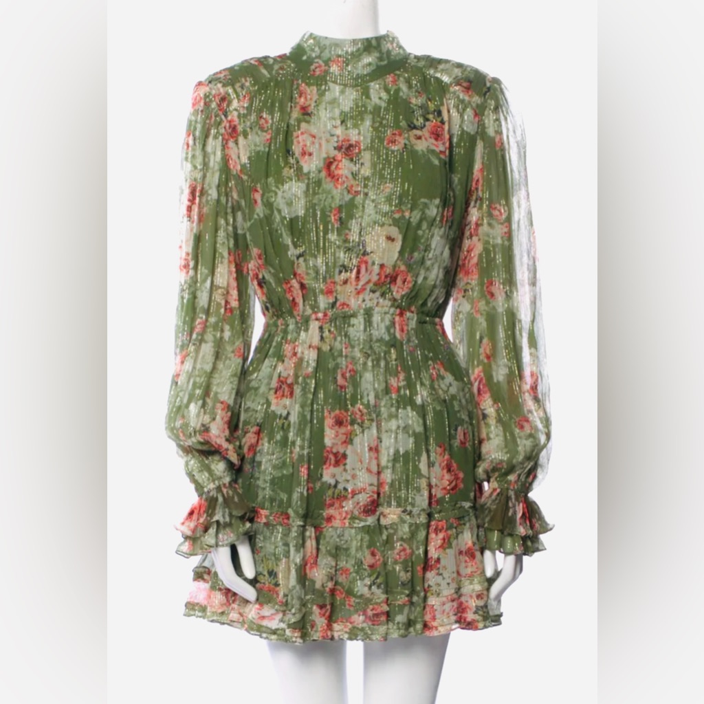 Hemant & Nandita Green Floral Mini Dress With Pink Roses
